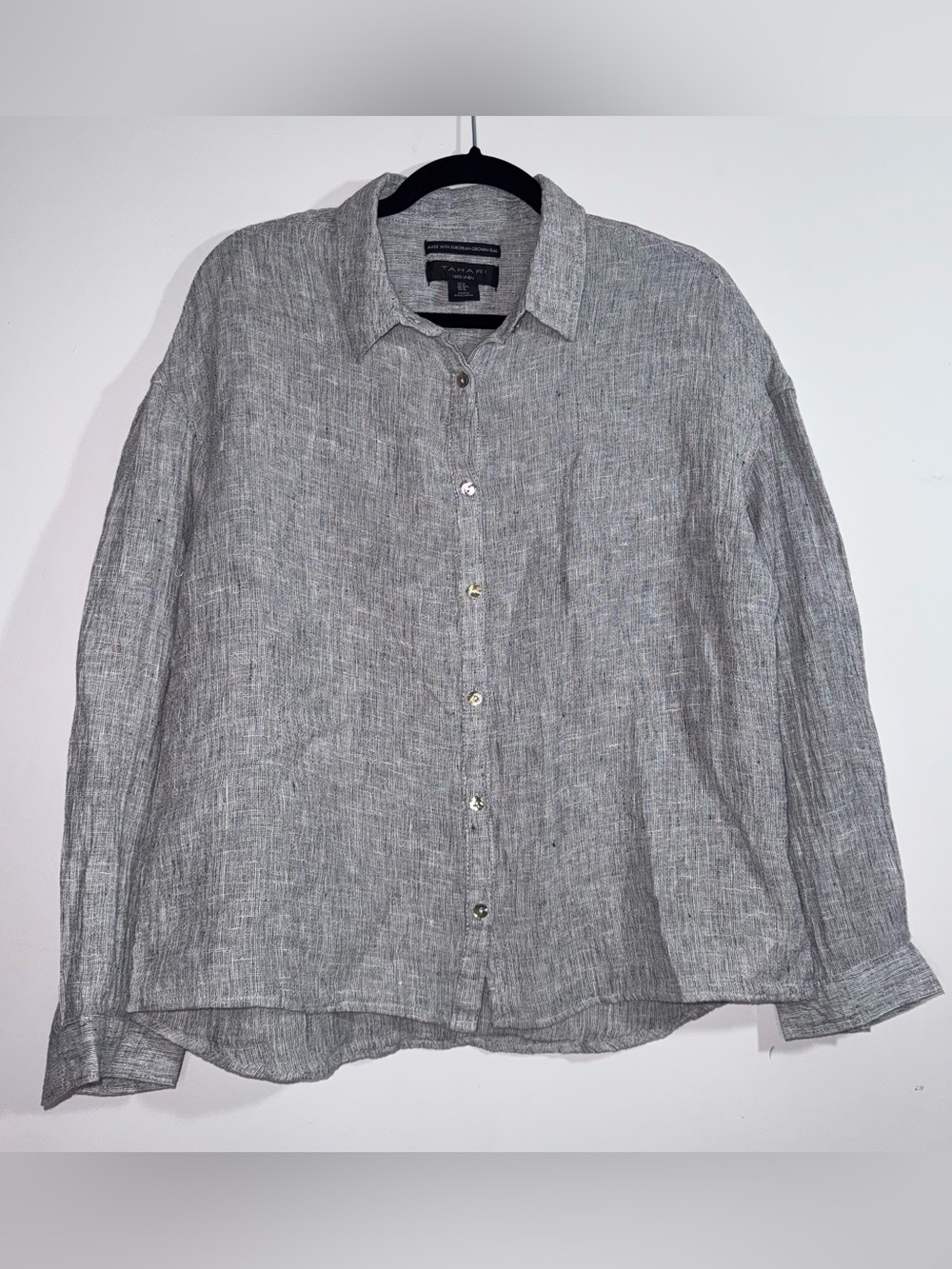 Tahari 100% Linen Button Front Shirt Gray European Flax Long Sleeve Size M